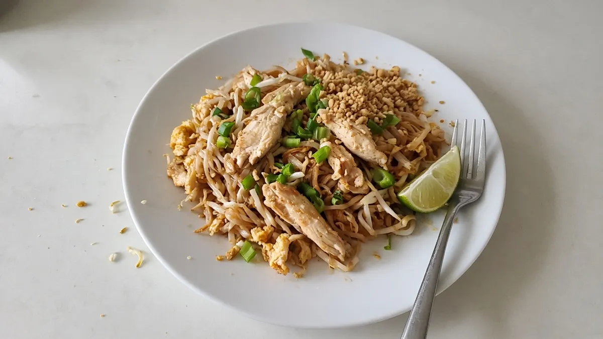 Chicken pad Thai with flat rice noodles, sliced chicken, scrambled egg, bean sprouts, spring onion and crushed peanuts on a plain white plate with a lime wedge and a fork
