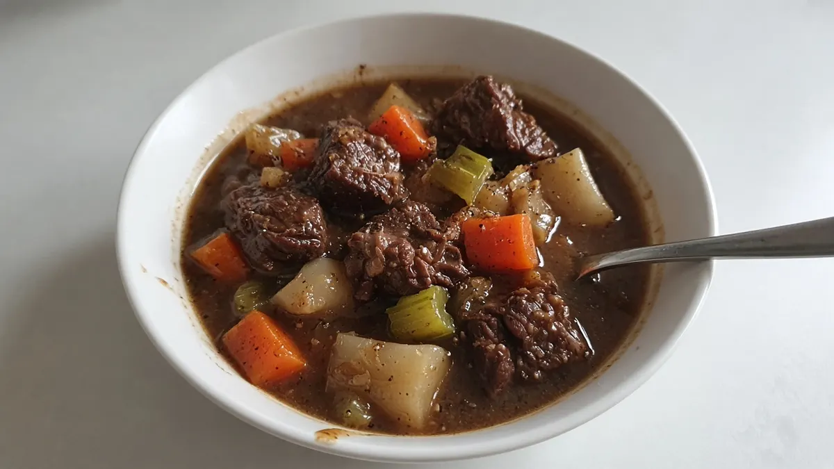 Beef stew with chunks of beef, carrots and potatoes in a white bowl with a spoon