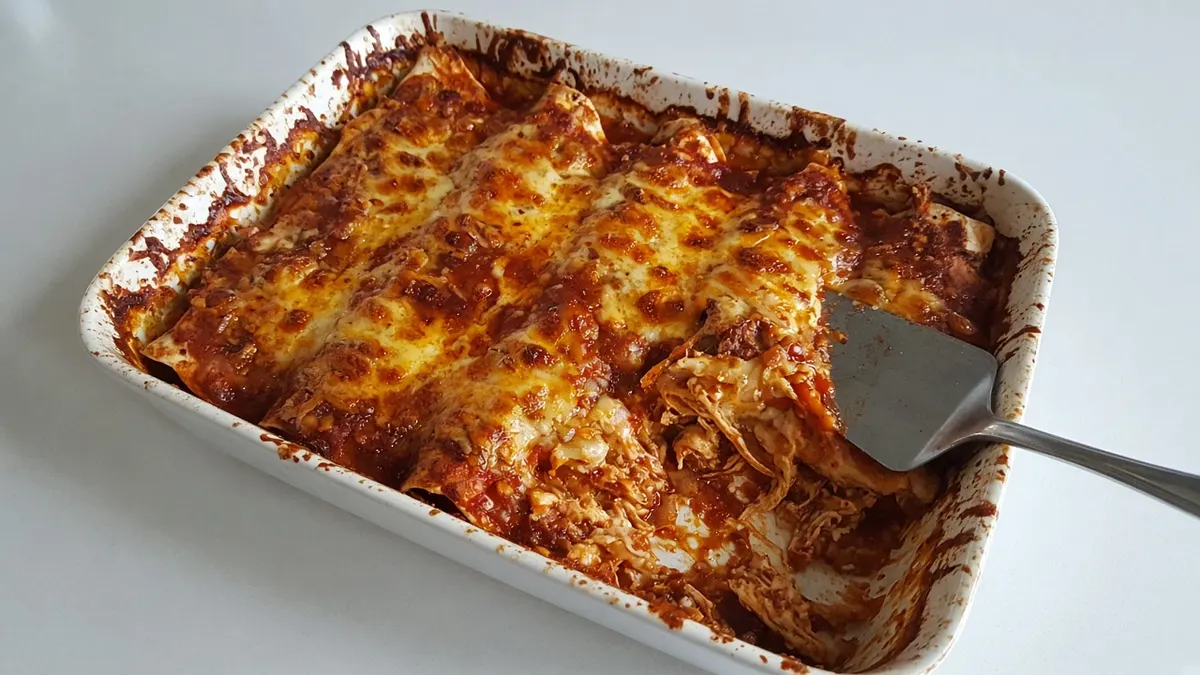 Chicken enchiladas baked under browned, bubbling cheese in a white baking dish with a serving spatula