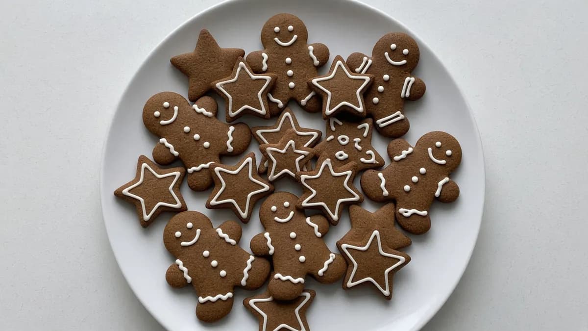 Gingerbread people and star cookies with white royal icing details on a white plate