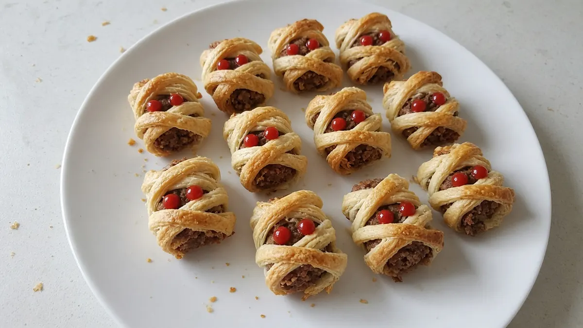 Mini mummy sausage rolls wrapped in strips of puff pastry with red sauce eyes on a white plate