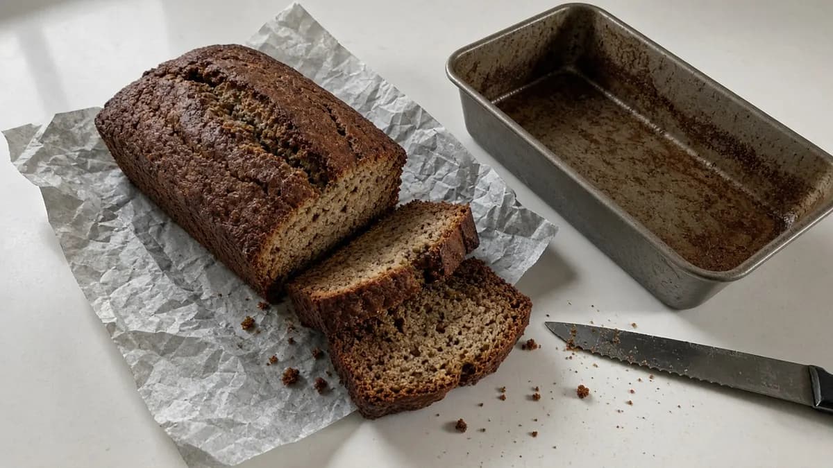 Wholemeal banana bread on baking paper with two slices cut, next to the empty loaf tin