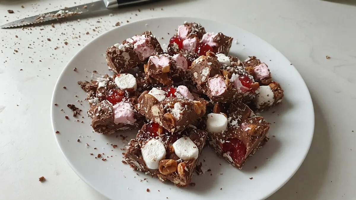 Squares of rocky road with marshmallows, glace cherries, peanuts and coconut on a white plate