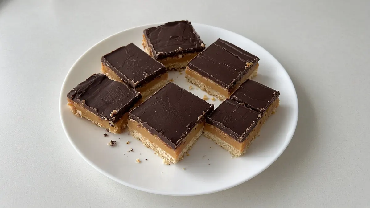 Squares of caramel slice showing a shortbread base, caramel layer and dark chocolate top on a white plate