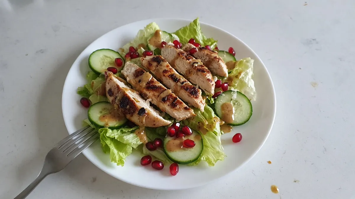 Sliced grilled chicken on lettuce with cucumber, pomegranate seeds and peanut dressing on a white plate