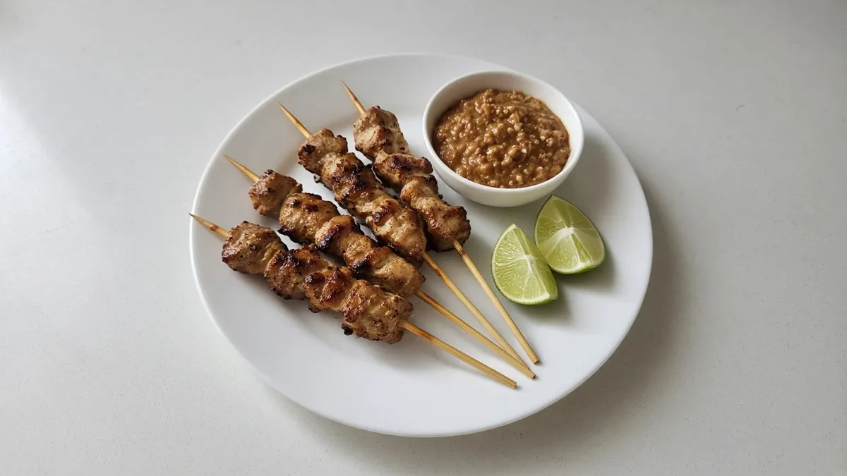 Grilled chicken satay skewers with a bowl of peanut sauce and lime wedges on a white plate