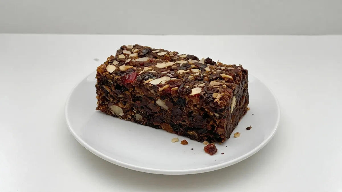 Slice of dark Christmas fruit cake studded with dried fruit, glace cherries and flaked almonds on a white plate