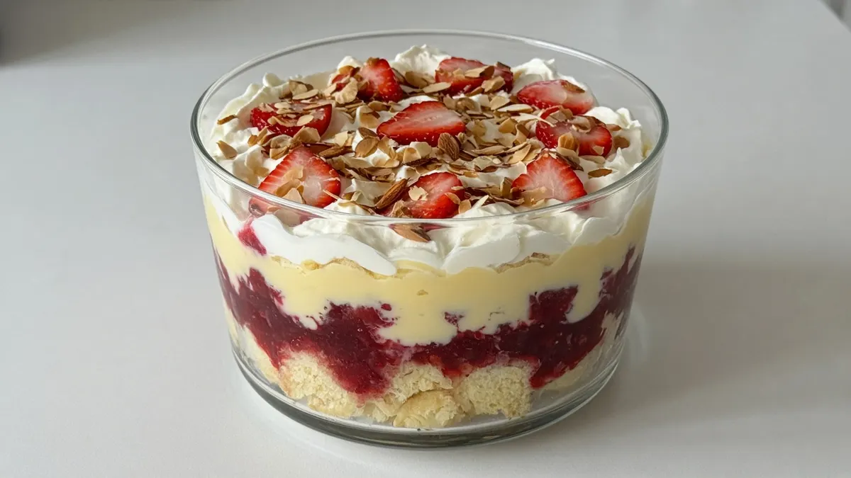 Christmas trifle in a glass bowl with sponge, berry jelly, custard and cream layers topped with strawberries and flaked almonds