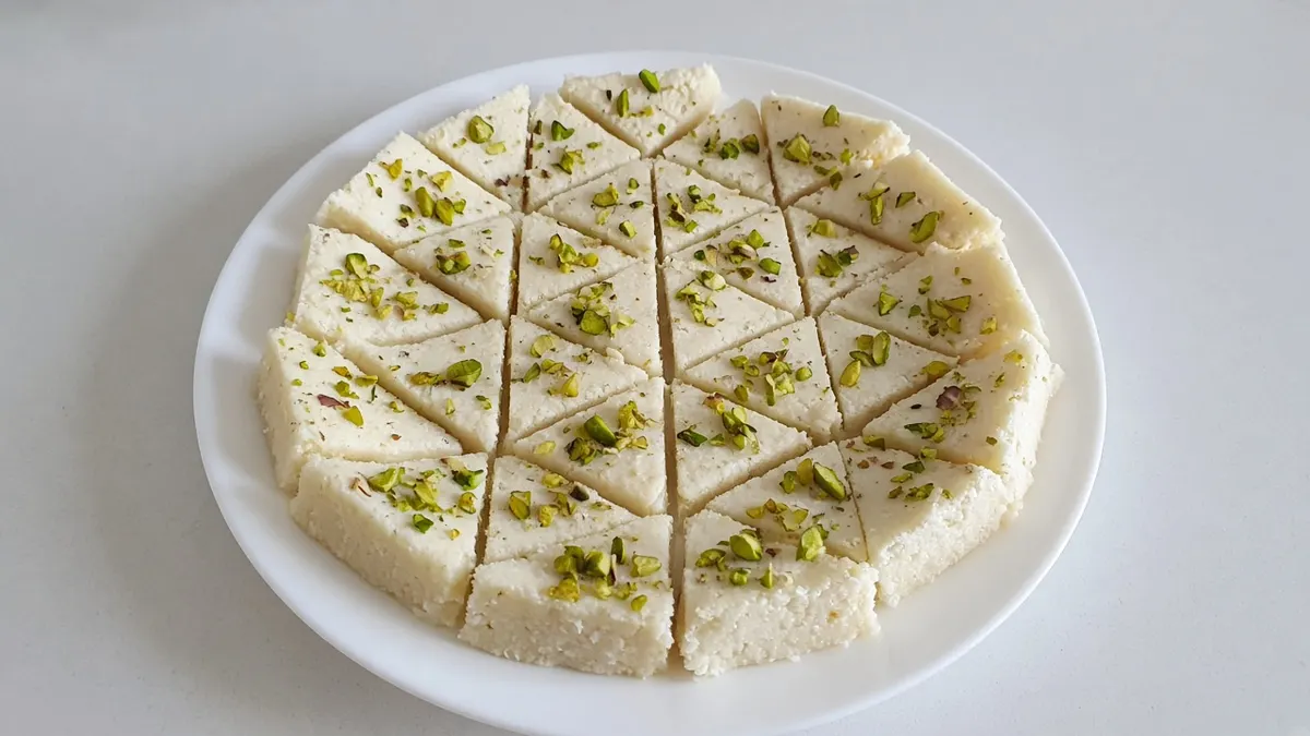 Pale coconut barfi cut into triangles and topped with chopped pistachios on a white plate