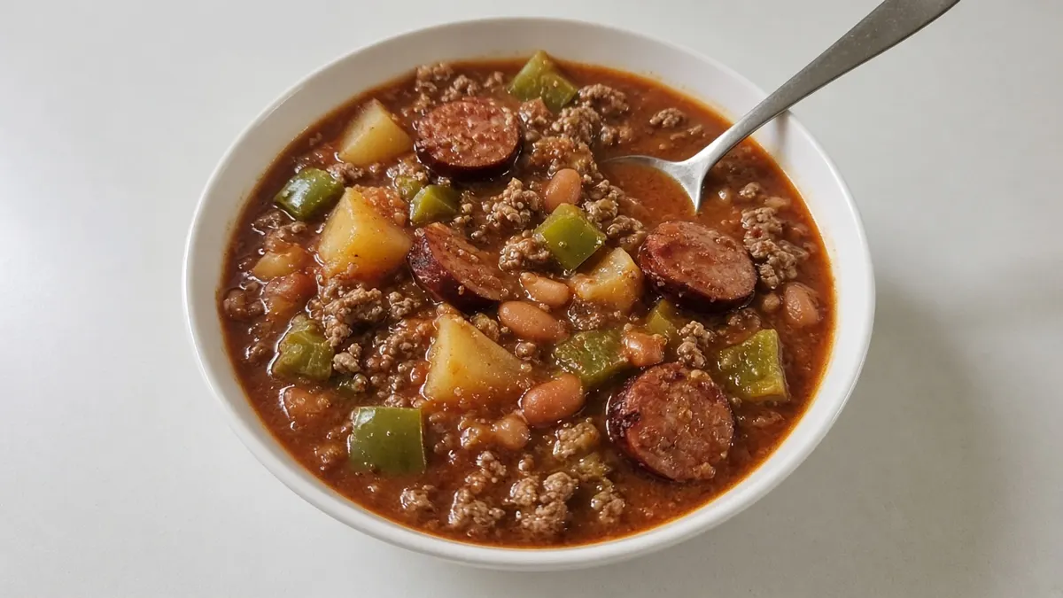 Cowboy stew with sliced smoked sausage, ground beef, potatoes, beans and peppers in a white bowl with a spoon