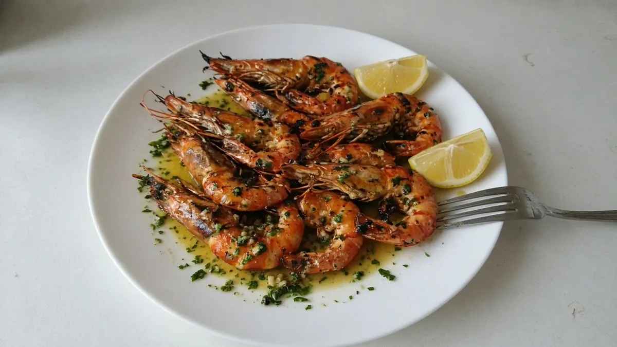 Barbecued shell-on prawns in garlic butter with parsley and lemon wedges on a white plate