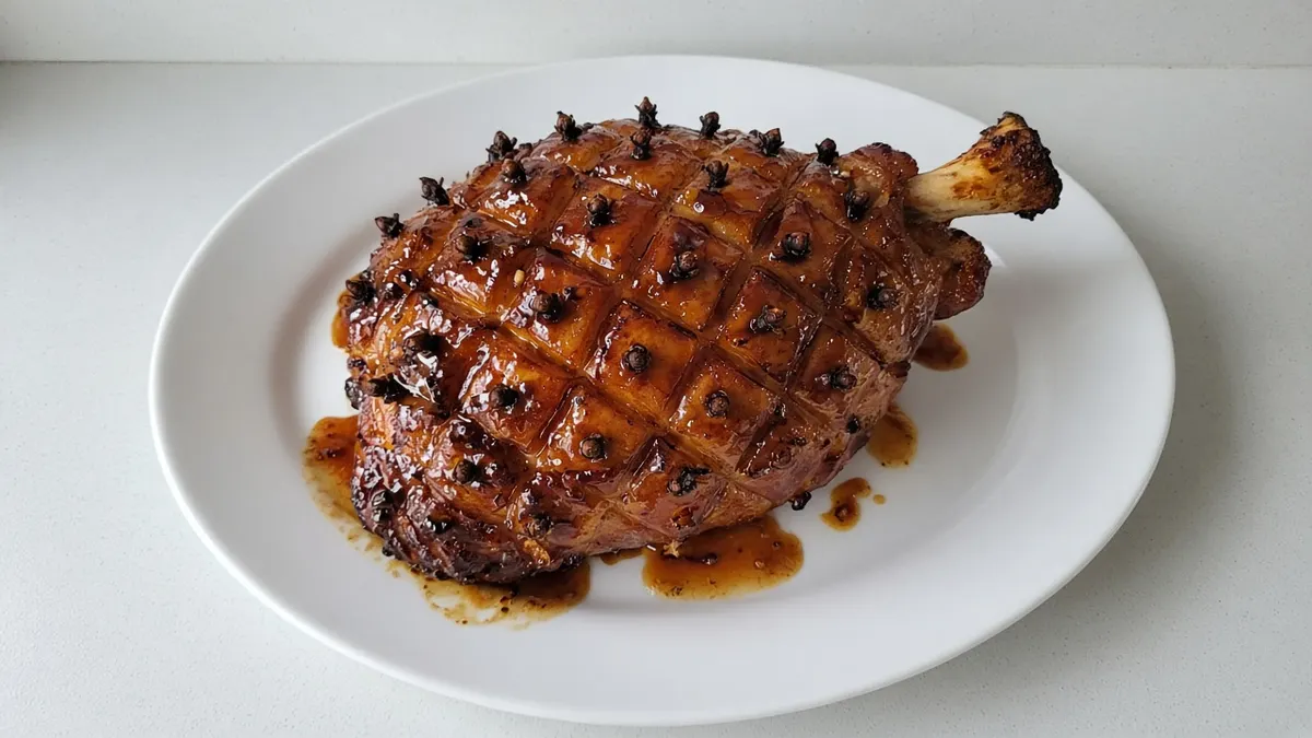 Glazed Christmas leg ham scored in a diamond pattern and studded with cloves on a white platter