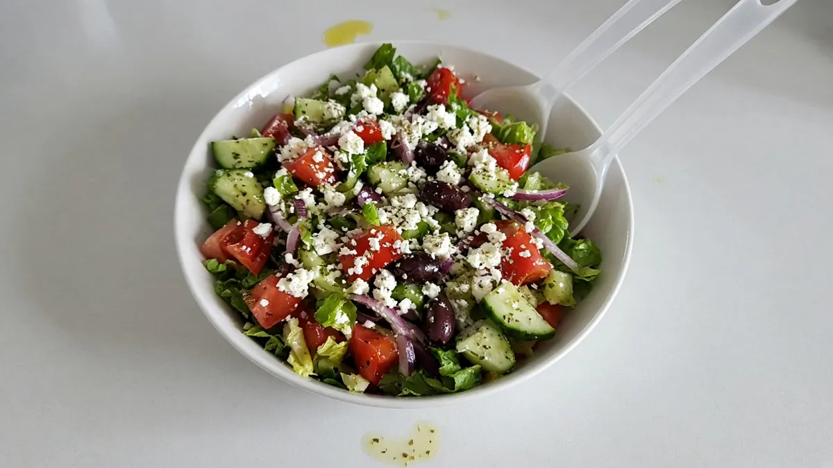 Greek salad with cos lettuce, tomato, cucumber, red onion, Kalamata olives and feta in a white bowl