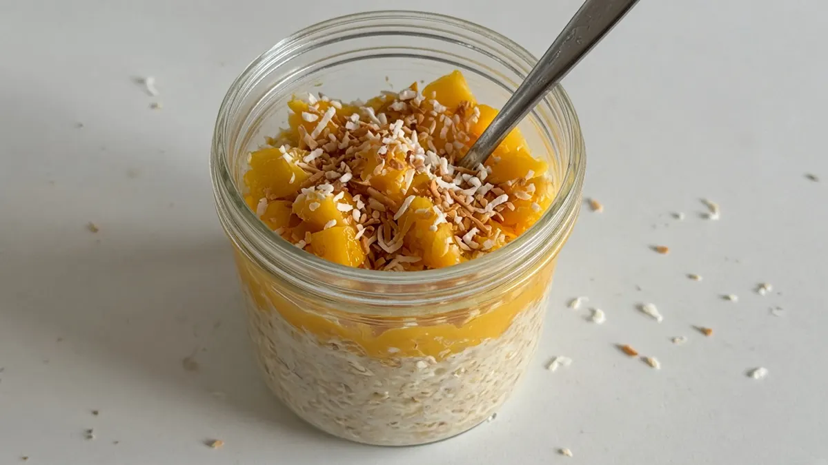 Jar of overnight oats topped with mango puree, diced mango and toasted coconut