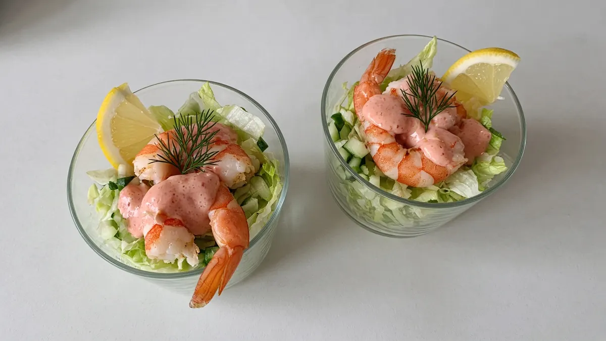 Two prawn cocktails in small glasses with shredded lettuce, cucumber, prawns, Marie Rose sauce, dill and lemon wedges