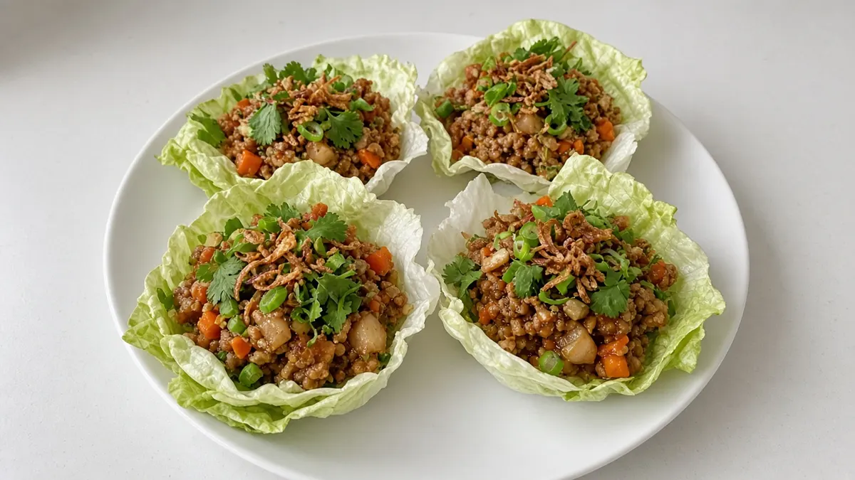 Four lettuce cups filled with pork mince, carrot and water chestnut topped with coriander, spring onion and fried shallots