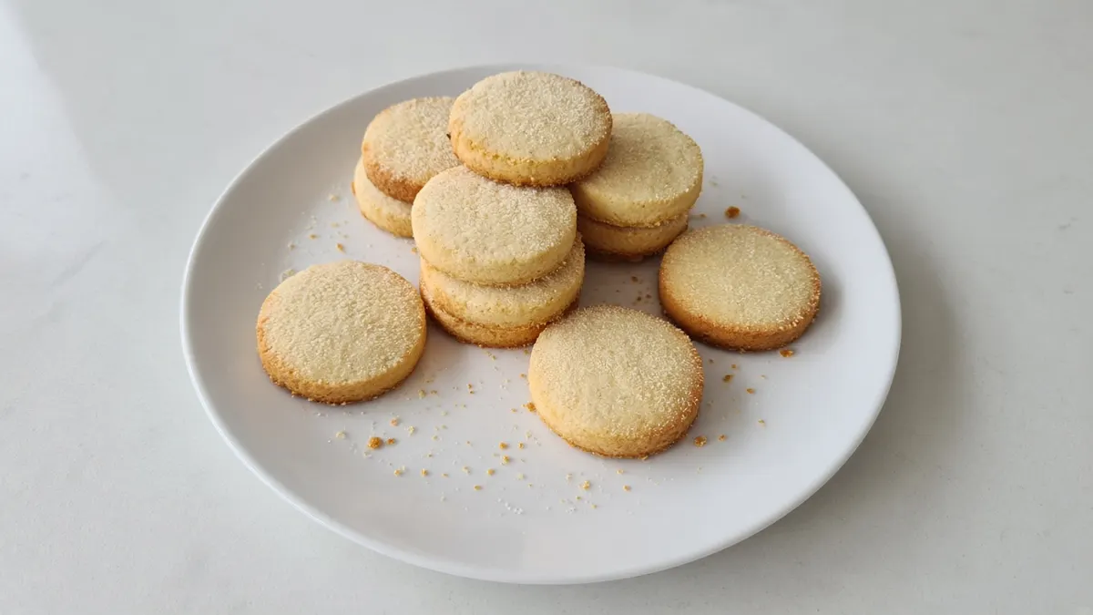 Round shortbread biscuits dusted with caster sugar, some stacked, on a white plate