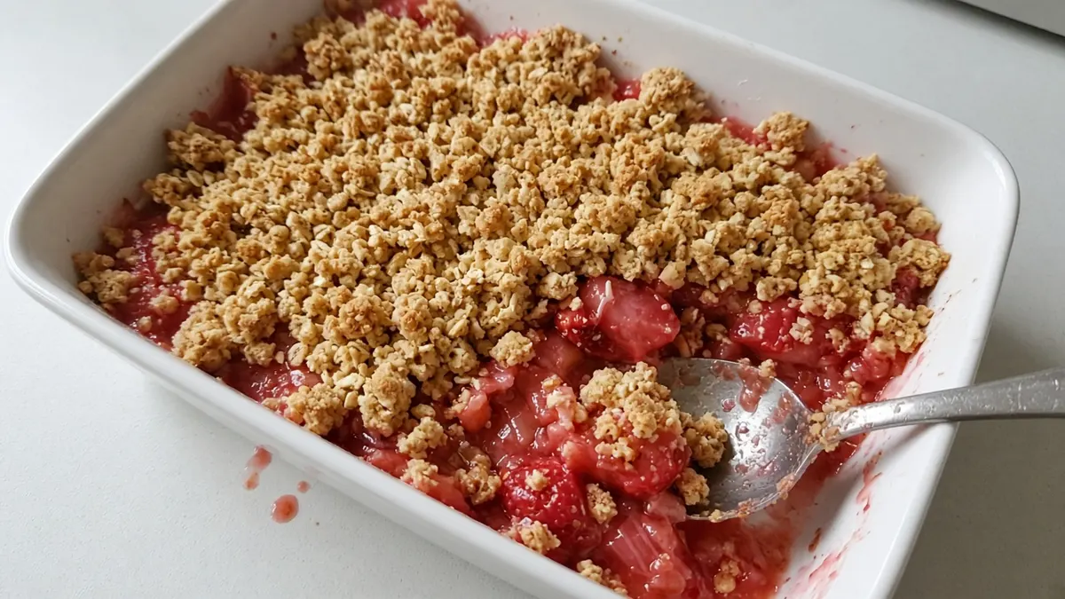 Strawberry and rhubarb crumble with an oat topping in a white baking dish, one corner scooped out