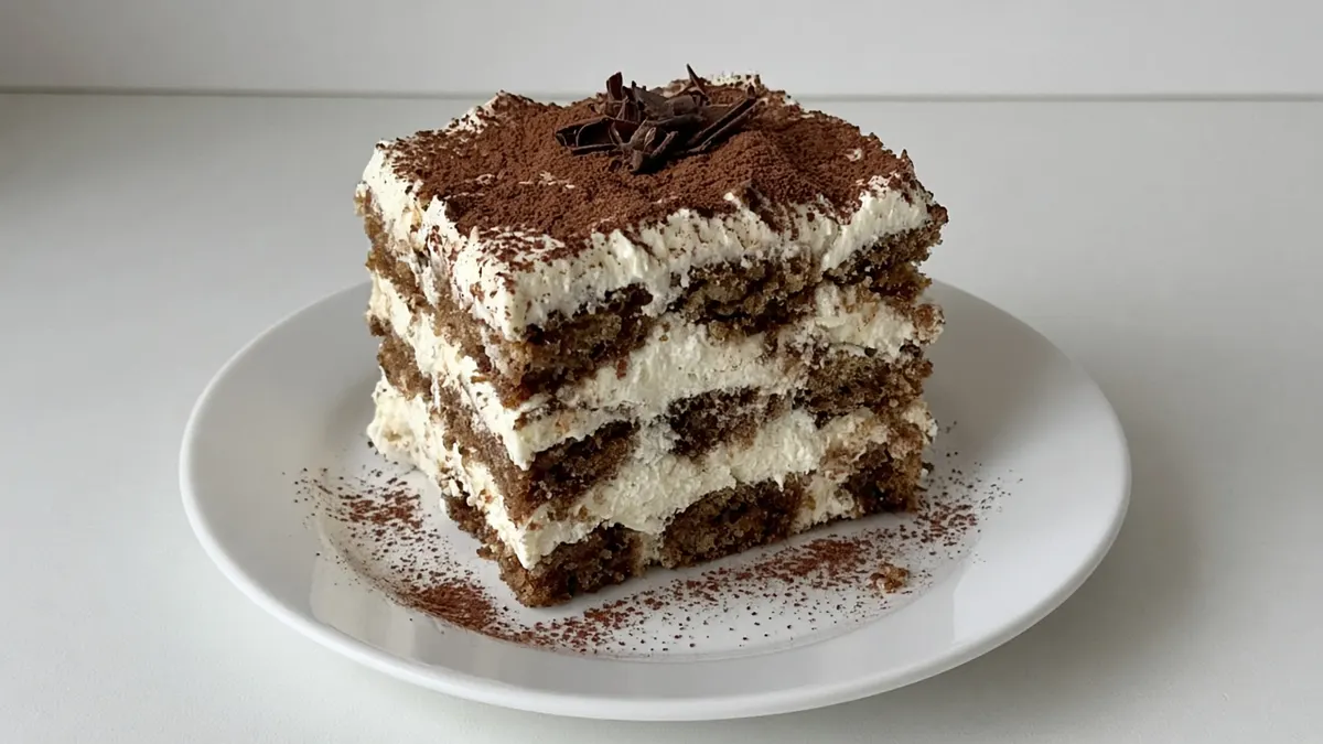 Slice of tiramisu layer cake with coffee-soaked sponge, mascarpone cream, cocoa and chocolate curls on a white plate