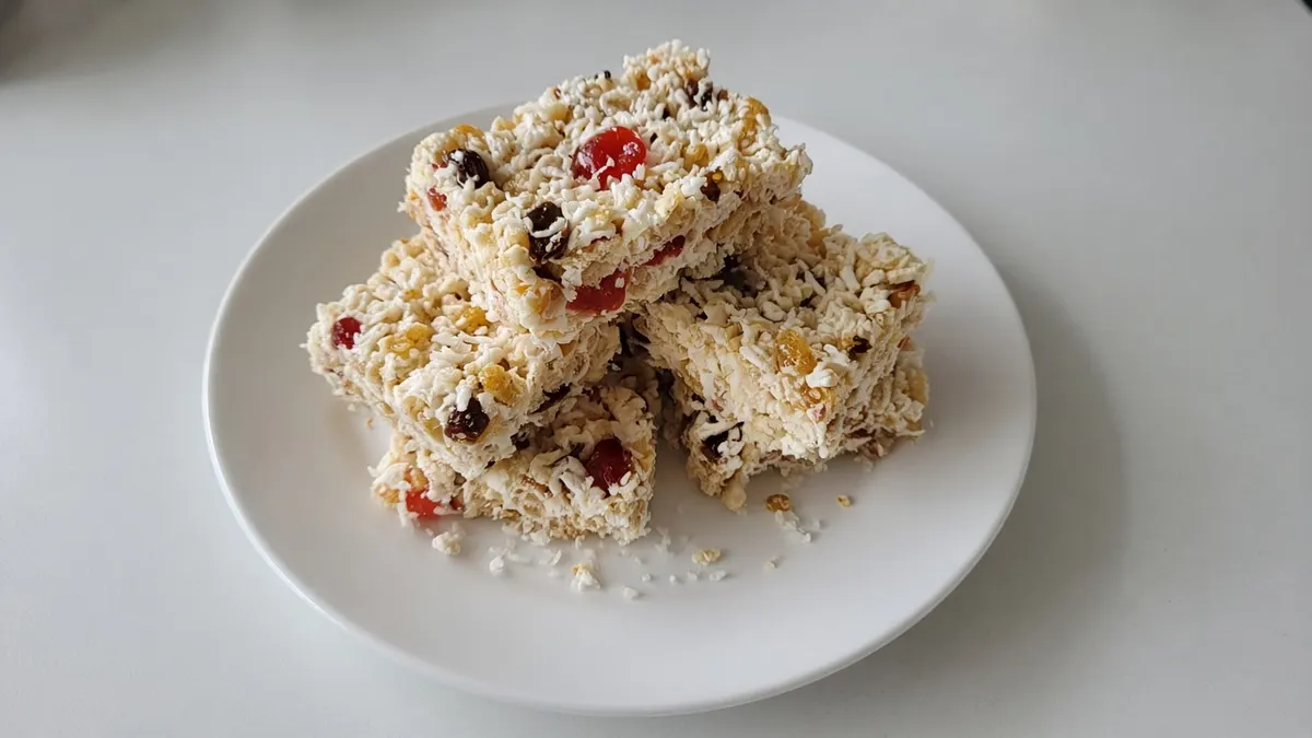 Squares of White Christmas slice with rice bubbles, coconut, glace cherries and sultanas stacked on a white plate